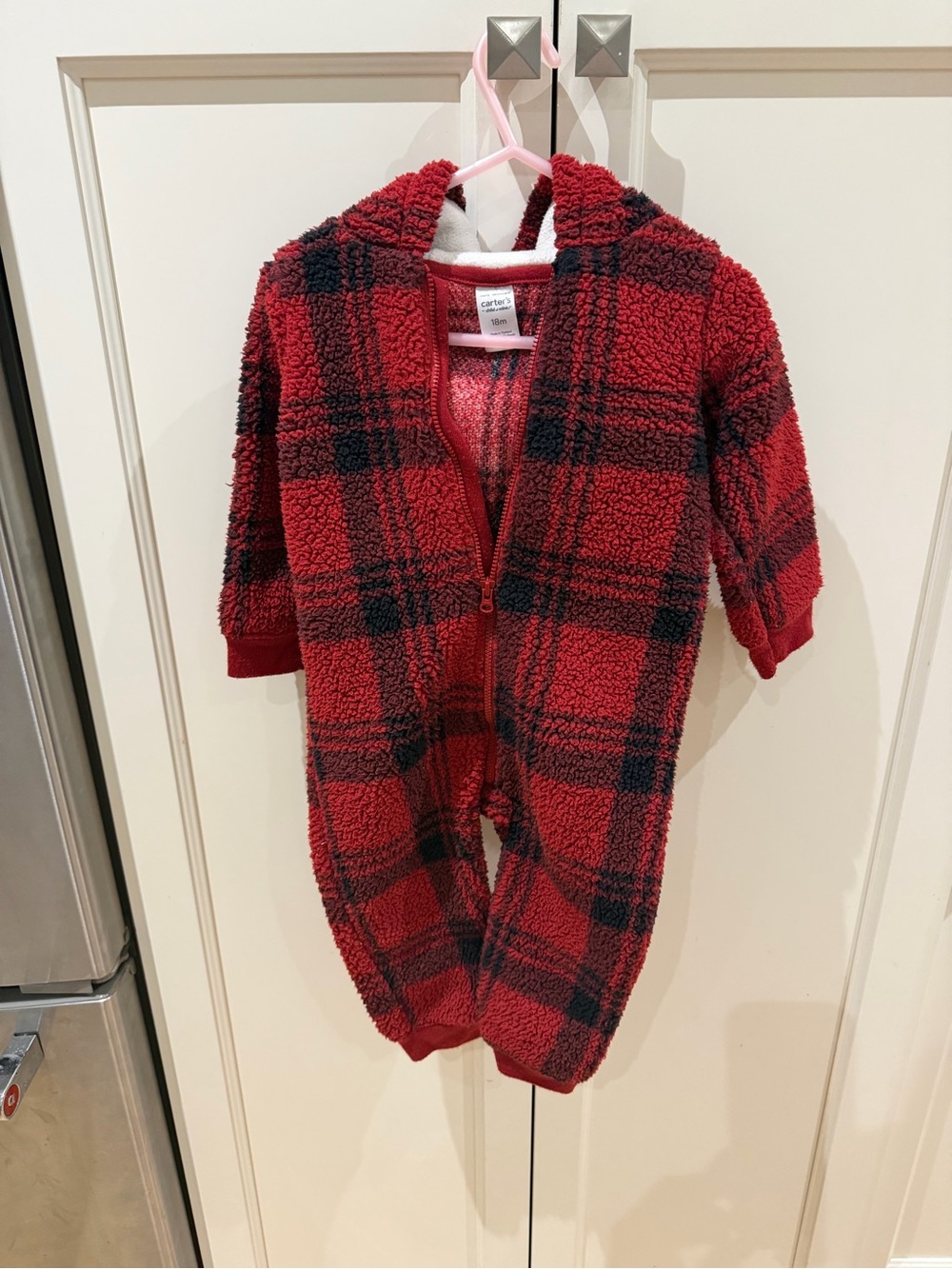 Carter's Red and Black Plaid Sherpa Hooded Romper
